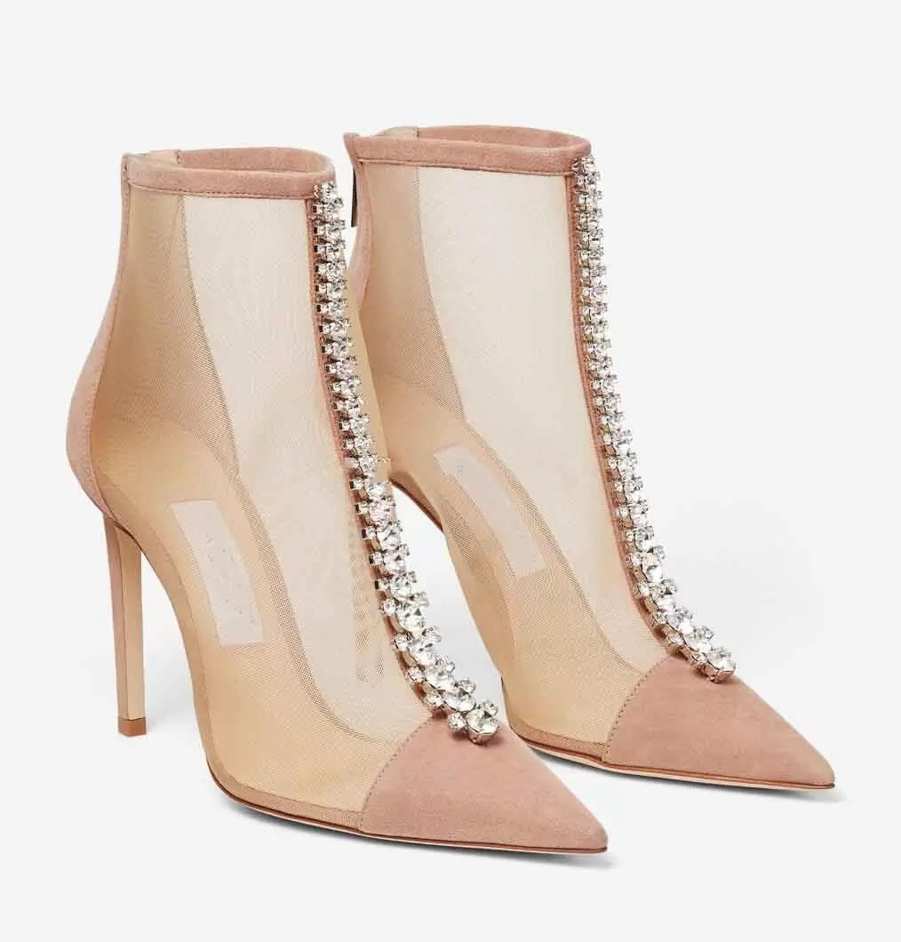 

Excellent Quality Ankle Boots High Heels Luxury Brands Bing Pink Black Suede Mesh Ankle Booties Crystal Embellishment Lady Pointed Toe Eu35-43 Women