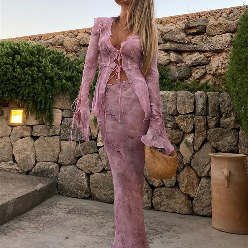 

Two Piece Dress FSDA Print Y2K Mesh Long Sleeve Top Shirts Green And Maxi Skirt Bodycon Sexy Sets Beach Outfits Women Club 220921