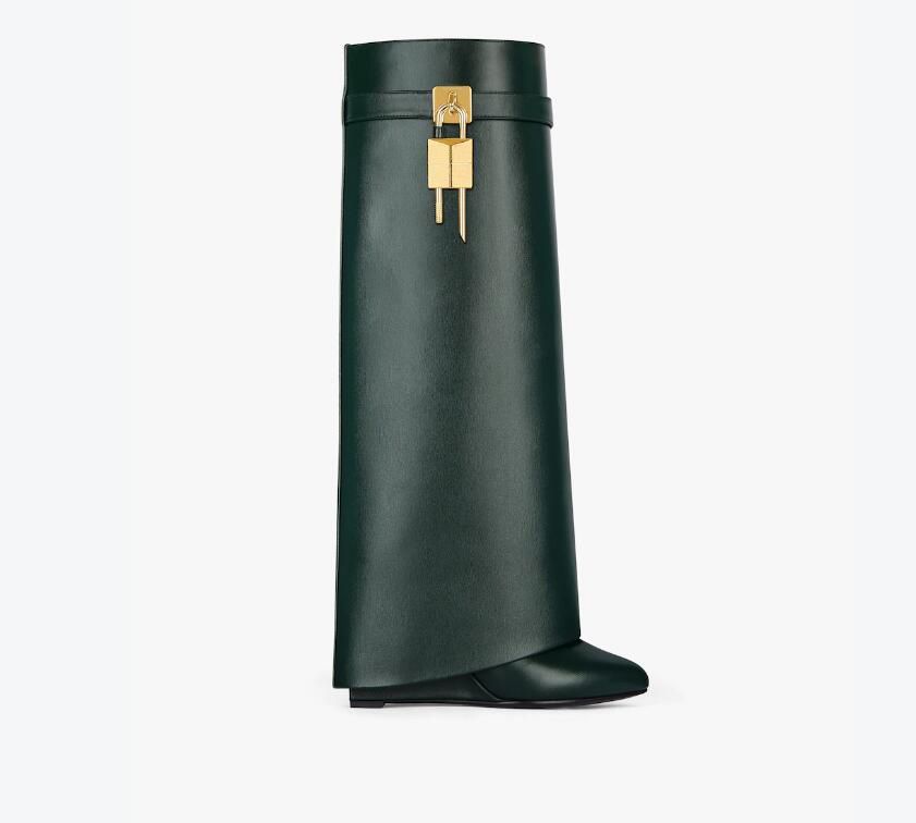 

Sharks Lock Boots Designer Women Leather Pants Knee Boots Padlock Metal Clad Wedge Almond Shaped Fashion Booties Top-quality Size 35-42, Color 5