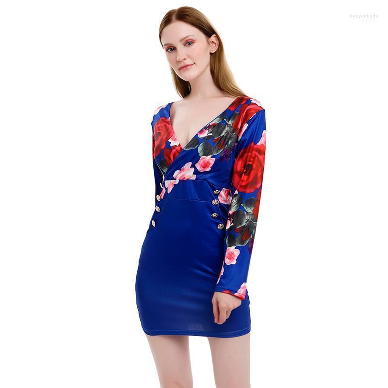 

Casual Dresses Sexy Package Hips Button Low Cut V Neck Long Sleeve Vintage Floral Print Women Bodycon Mini Dress Summer 2022 Lady, Blue