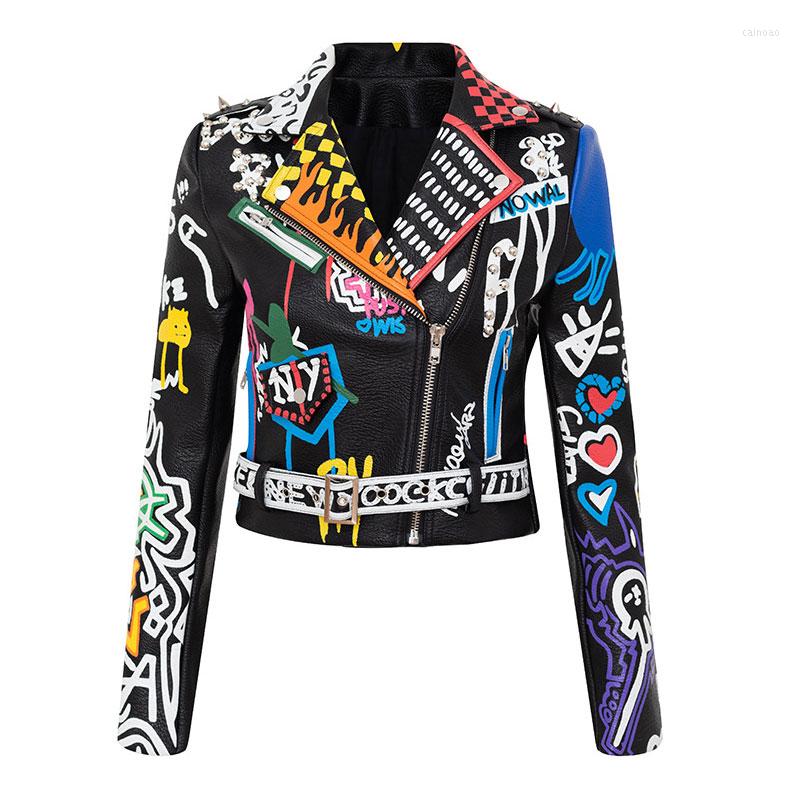 

Women's Jackets Spring And Autumn Punk High Waist Faux Leather Jacket Women Graffiti Studded Rivet Fashion Streetwear Short Motorcycle Coat