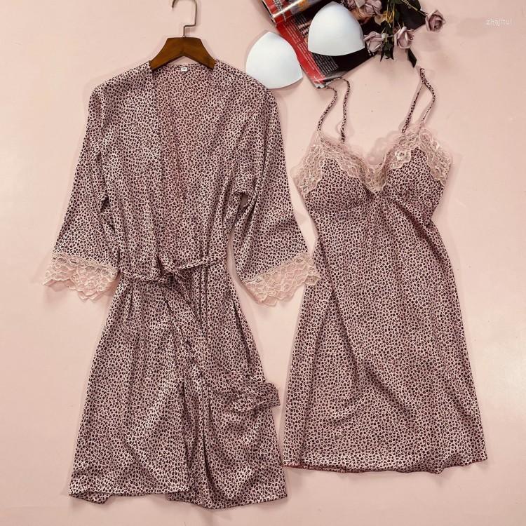 

Women's Sleepwear Women's 2PCS Women V-neck Robe Set Satin Kimono Gown Leopard Sleep Female Nighty&Robe Lace Trim Nightgown Home, Blue b
