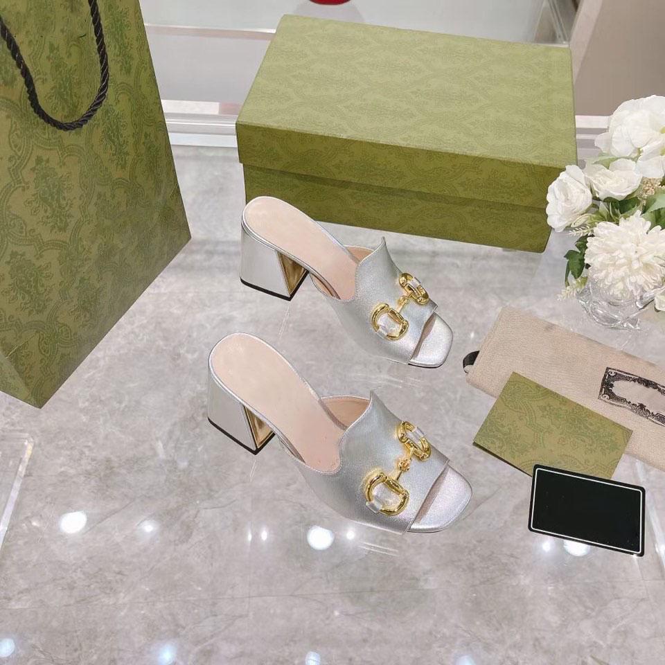 

2021 Designer Women Sandals Horsebit Gold-Toned High Heels Fashion Square Toe Slippers Leather Pumps Black White Outdoor Dress Sandal Casual Shoes, Color 5