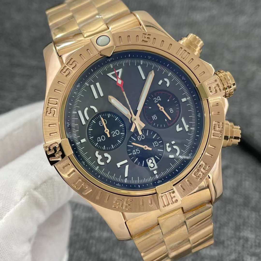 

Luxury Mens Watch Blue Dial Japan Super VK Quartz Chronograph 45mm Avenger Hurricane SEA1884 Stainless Steel Strap Gold Case Hardlex Glass
