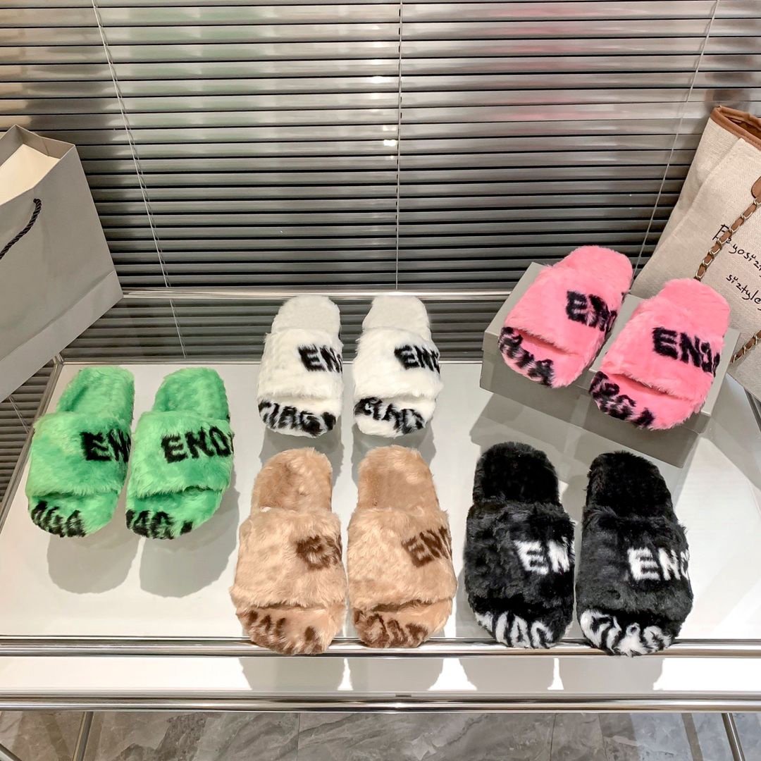 

Slide Sandals Women Shoes Slipper Flat Sandal White Pink Green Black Beige Ebony Logo Fashion Slippers Allover Logo Furry With Box, P-8