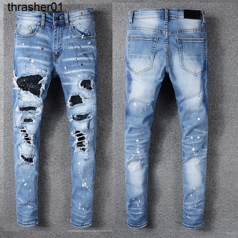 

Men's Streetwear Jeans brand patch diamond amirs young men's elastic Leggings, Indigo