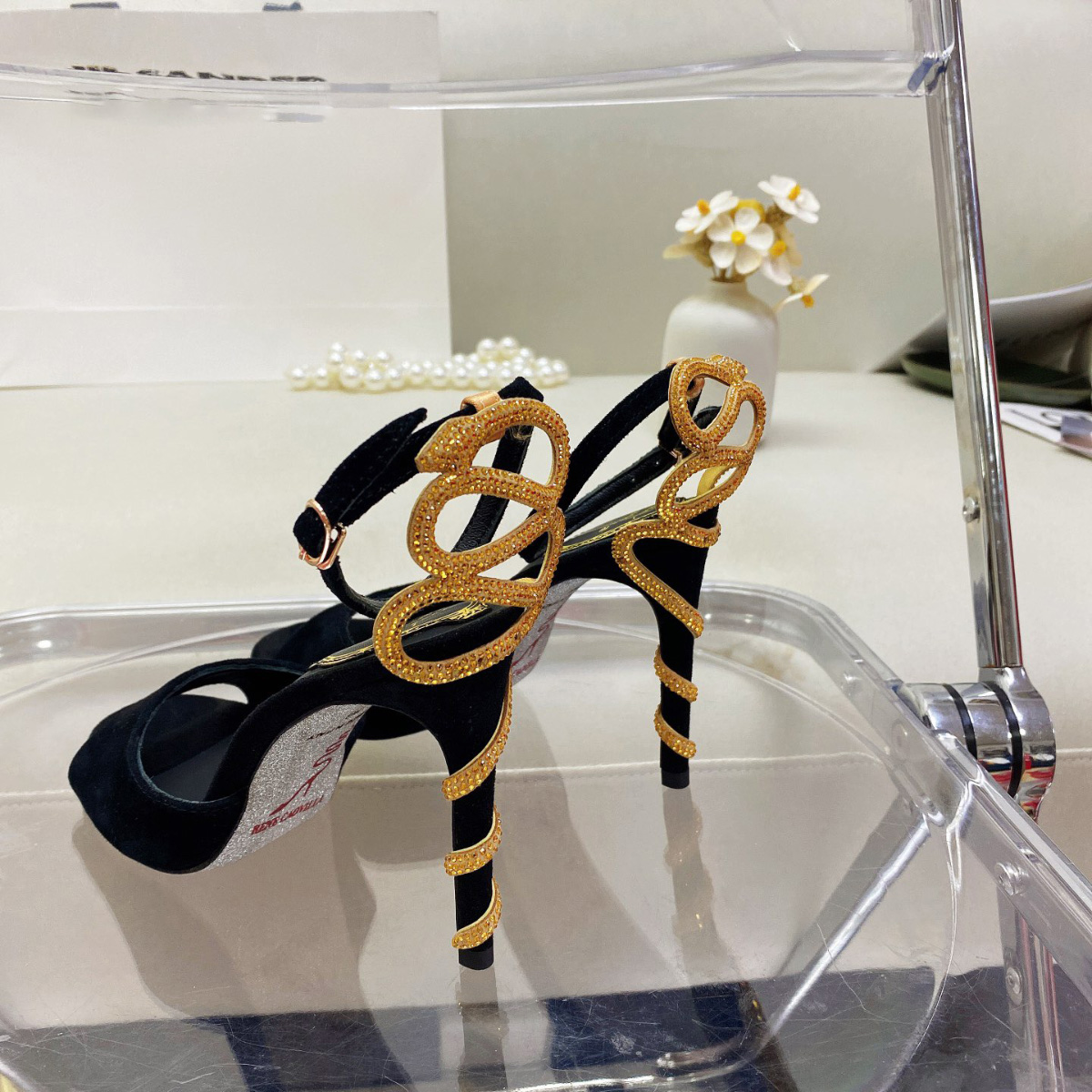 

caovilla Margot embellished Rene suede sandals Snake Strass stiletto Heel Evening shoes for women heeled Luxury Designer Ankle Wraparound KC3T, Black/gold