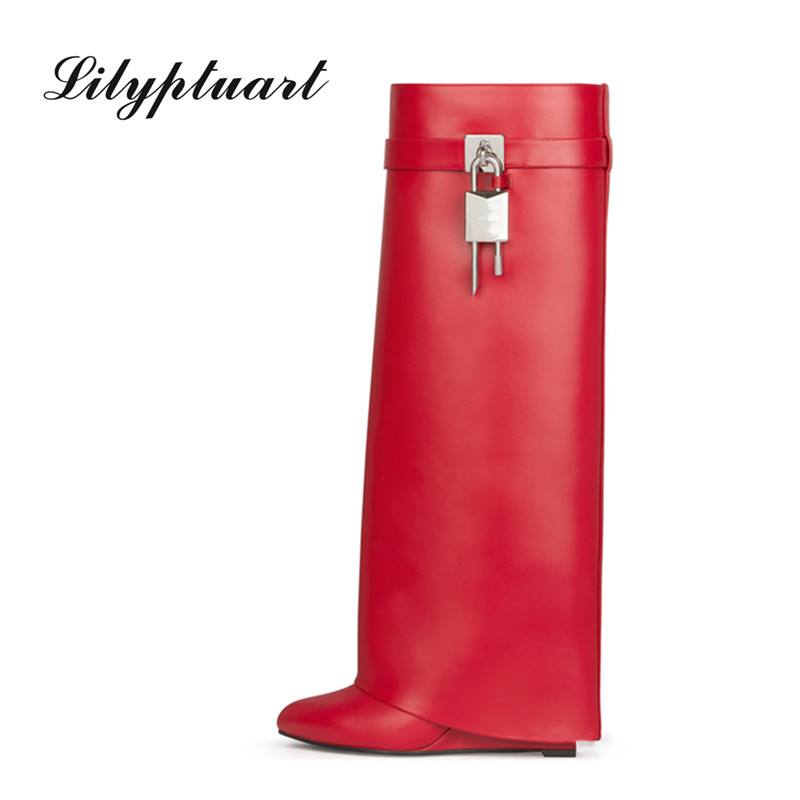 

Genuine Leather Women's Boots Lock Metal Decoration Pointed Toe Slip-on Women's Knee High Wedges Fashion Female Shoes, Shoe box
