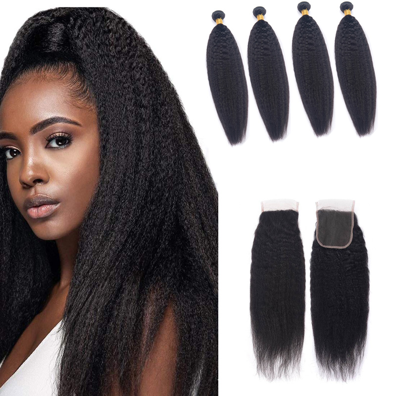 

Brazilian Human Hair Kinky Straight 4 Bundles With 4x4 Lace Closure Baby Hairs Yaki 5 Pieces Natural Color 10-30inch, Free part