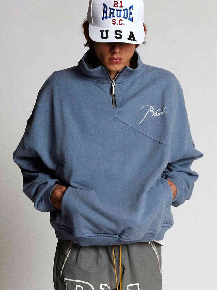 

Hoody Mens Women Designers Essentials Rhudes Hoodies Fashion Stand Collar Half Zipper Male Oversize Small Crowd High Brand Ins, Blue