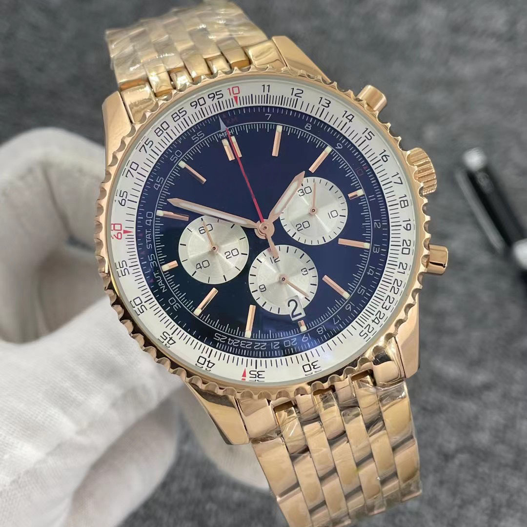 

B01 46MM New Quality Navitimer Watch Chronograph Quartz Movement Yellow Gold Case Black Dial 50TH ANNIVERSARY Men Watch Stainless Strap Mens