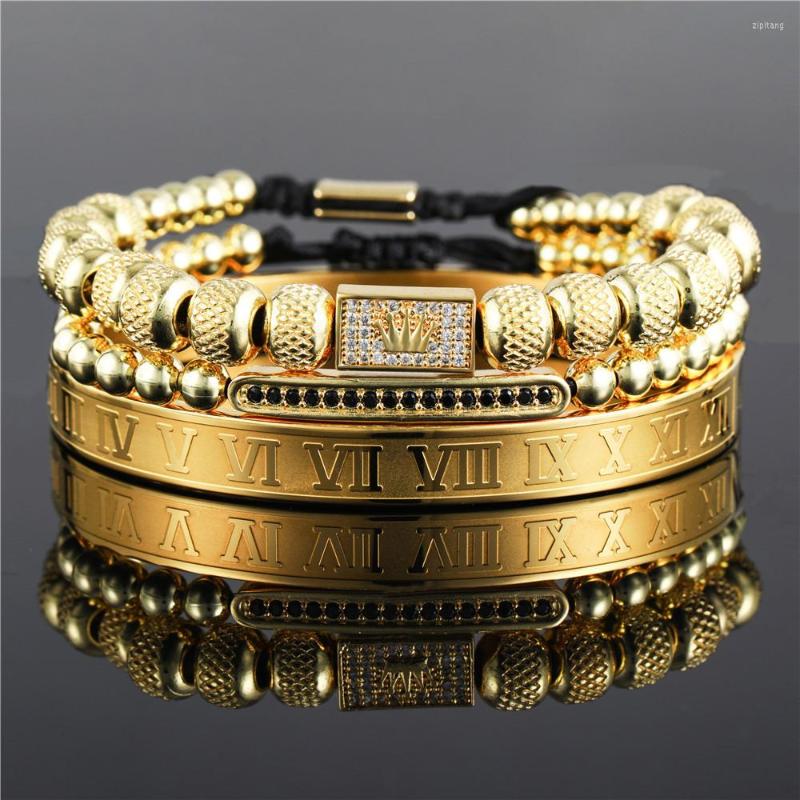 

Strand 3PCS/Lot Luxury Classic CZ Crown Mens Bracelet Male Fashion Men Charm Roman Numerals Stainless Steel Brazalete