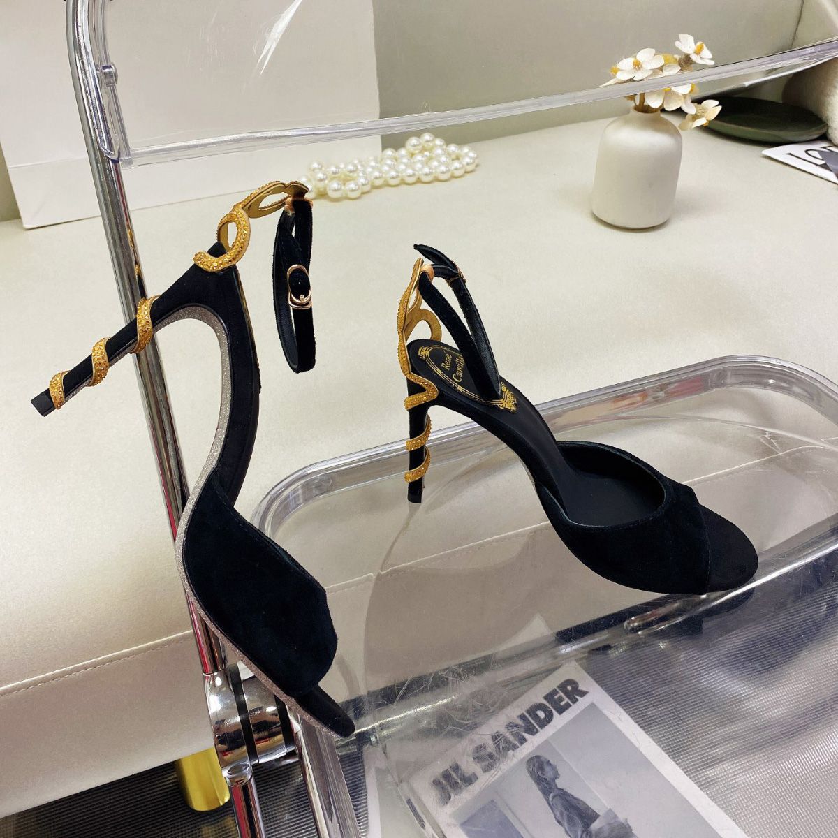 

caovilla Margot embellished Rene suede sandals Snake Strass stiletto Heel Evening shoes for women heeled Luxury Designer Ankle Wraparound 14JS, Red/gold