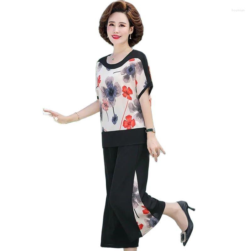 Pantalon deux pièces pour femmes T-shirt à jambes larges Femme Ensemble deux pièces Chemise en mousseline de soie Été Manches courtesdeux Impress