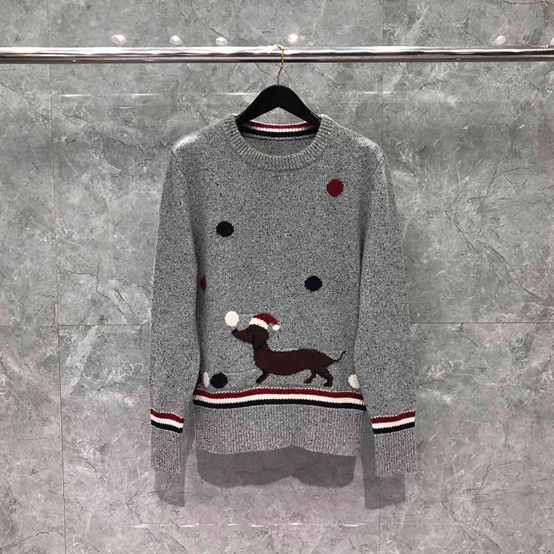 

2022 Fashion Brand Tb Sweaters Men Women Slim Fit O-neck Pullover Clothing Christmas Puppy Pattern Wool Thick Winter Casual Coat, Gray