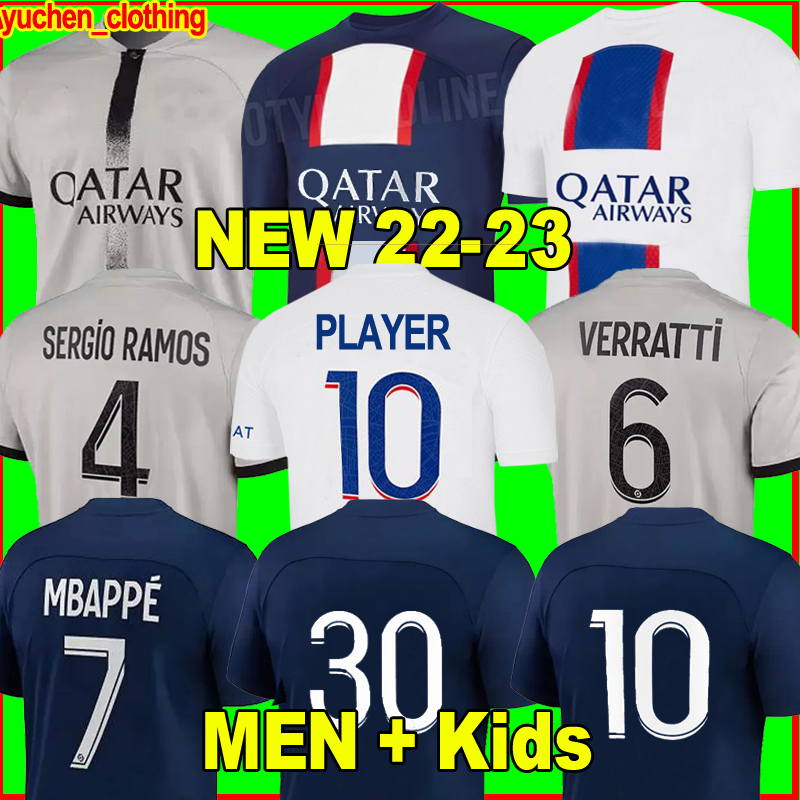 

PLAYER 30 10 MBAPPE 7 HAKIMI SERGIO RAMOS WIJNALDUM soccer jerseys 22 23 Maillots  football shirt 2022 2023 men kids kit sets uniform, 22-23 away+patch1