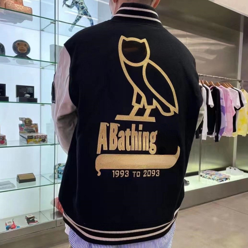 

Ba 22ss pe mens jacket cashmere leather stitching baseball jackets OWLs embroidered stand-up collar cardigan coat men women hip-hop sportswear, Black