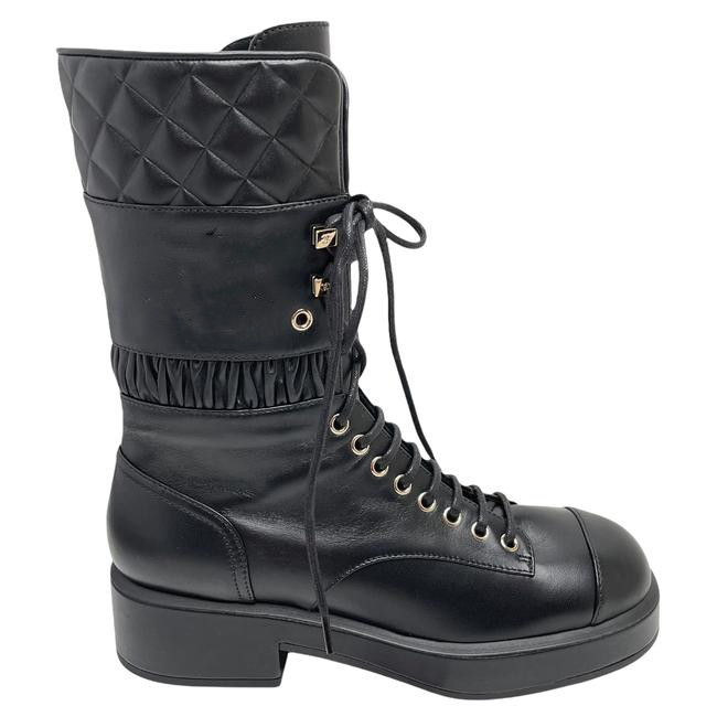 

Black Leather Quilted Combat Boots/Booties Cowhide and horsehair splicing strap boots with a heel height of 4.5cm, Brown
