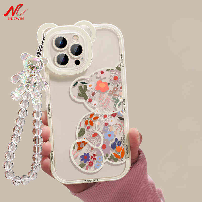 

Cell Phone Cases Ins Cute Flower Bear Case for iPhone 11 12 13 14 Pro Max X Xs Xr 7 8 Plus 3D Crystal Lanyard Hand Chain Soft Silicone Back Cover T220921, Whitesl