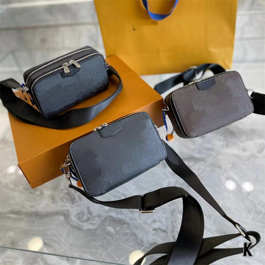 Sac de luxe pour hommes Sacs à bandoulière Double fermeture éclair Noir Fleur Caméra Messenger Sac en cuir véritable Designer Sacs à main Fourre-