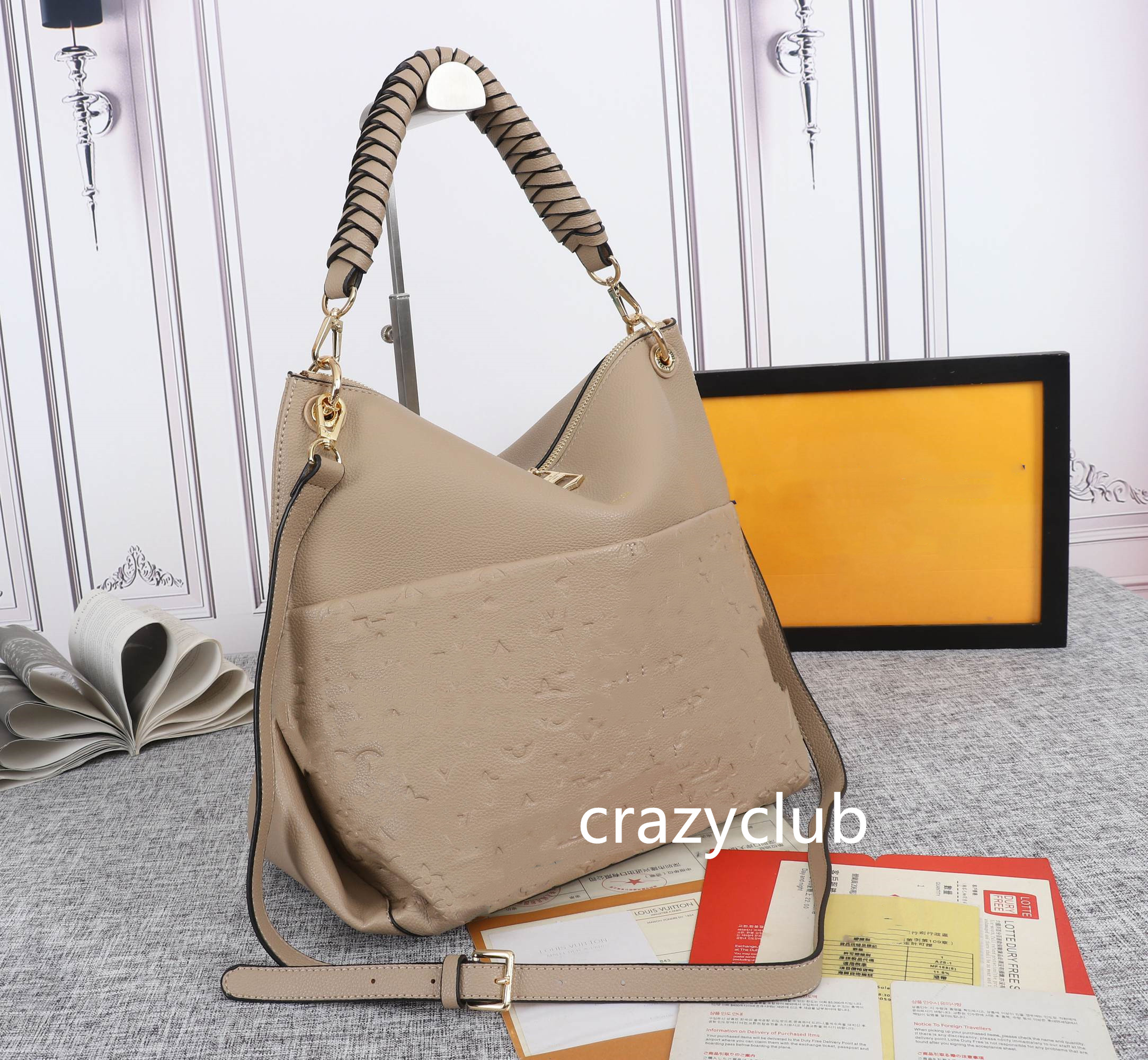 

MAIDA Beaubourg HOBO desinger bag women lady canvas embossed genuine calf leather zipped handbag top handle purse strap shoulderbag tote M45522, As show #3
