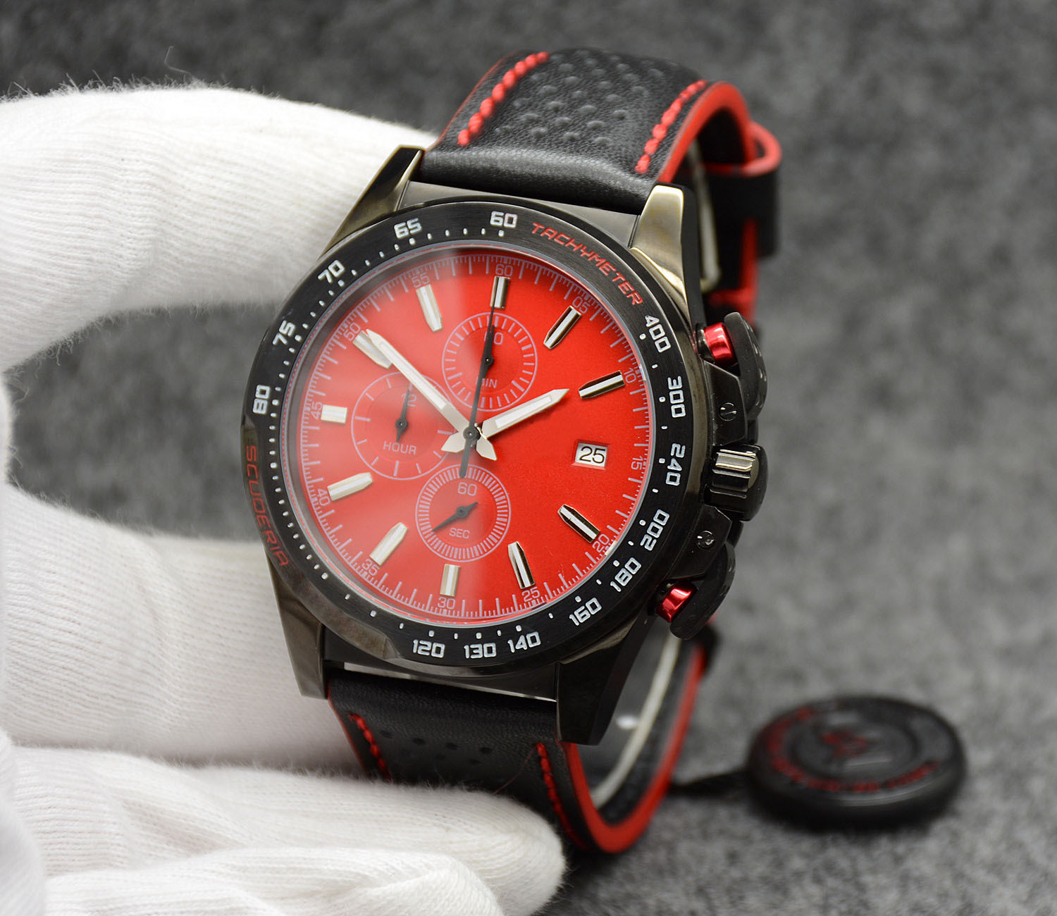 

Pilota Watches Chronograph Quartz Japan Movement Black Case Mens Watch Watches Red Dial Leather Rubber Strap New Model Men Wristwatches