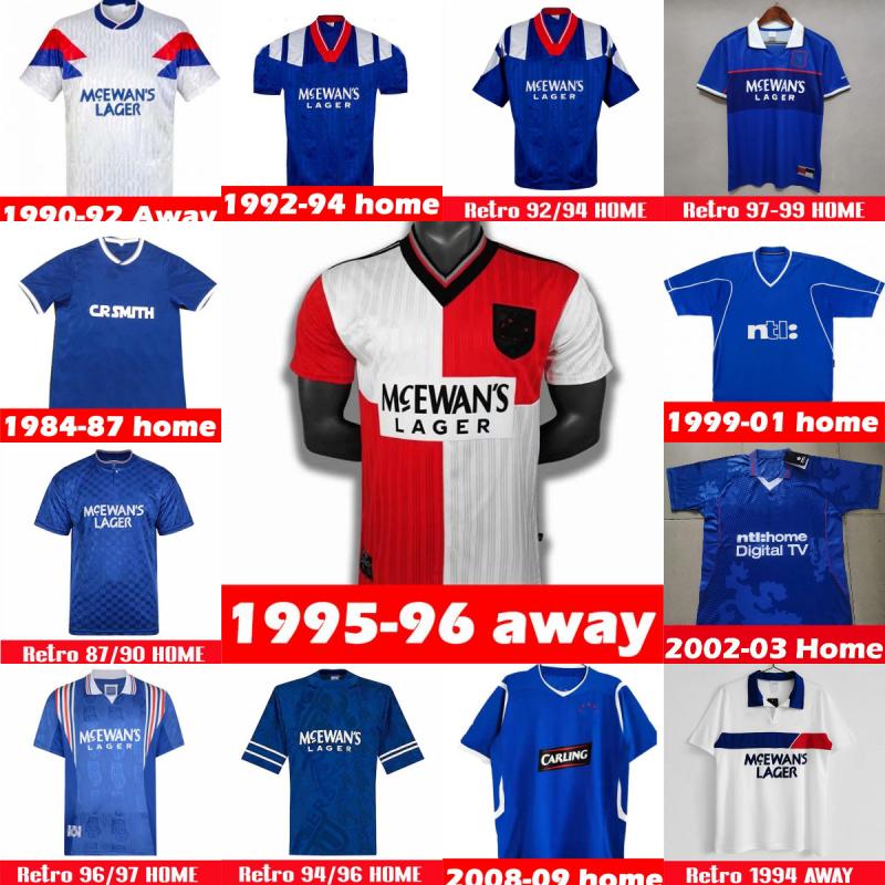 

82 83 Retro soccer jerseys Glasgow Rangers FC 84 87 90 01 Legends blue away white 92 94 96 97 99 00 GASCOIGNE MCCOIST 1987 1999 1996Man vintage football kits Uniform 2000, 1995 1996