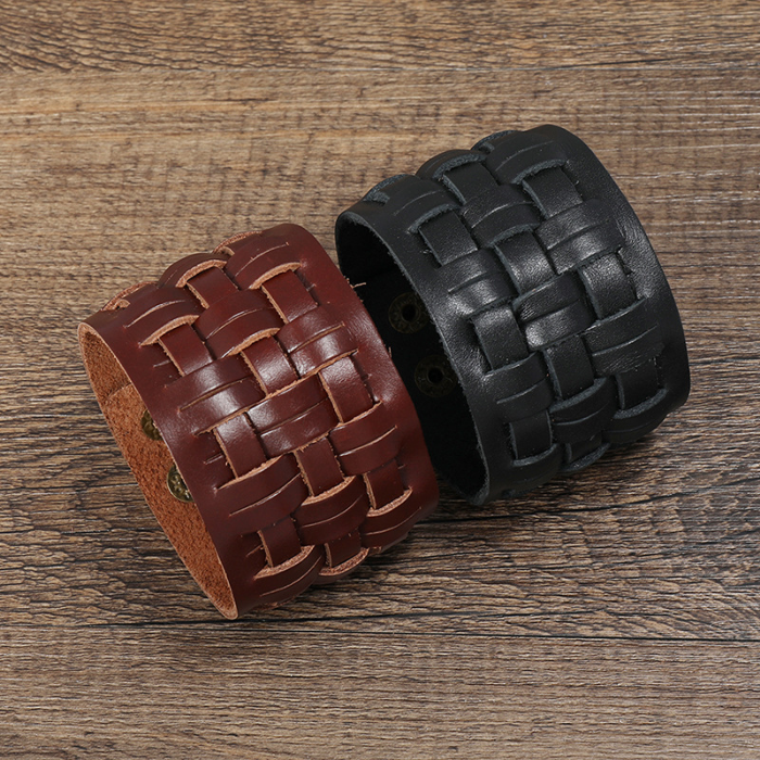 

Knit Motorcycle Wide Weave Cross Leather Bangle Cuff Multilayer Wrap Button Adjustable Bracelet Wristand for men women Fashion jewelry
