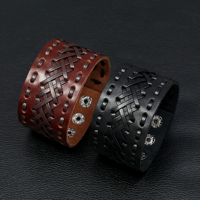 

Hand Made Weave Wide Lace Bandage Leather Bangle Cuff Button Adjustable Bracelet Wristand for Men Women Fashion Jewelry Black