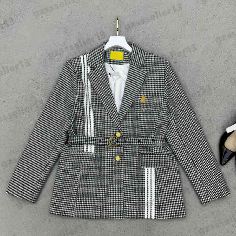 

Designer Womens Jackets Autumn And Winter Joint Houndstooth Print Blazer Tops Fashion Casual White Webbing Jacket With Belt 0912