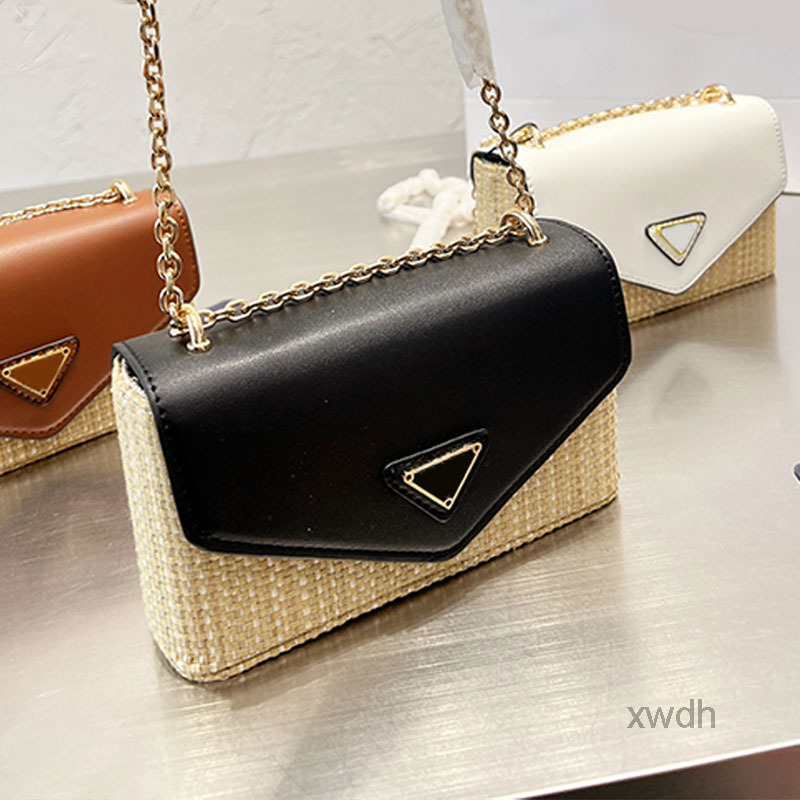 

Evening Bags Straw Chain Crossbody Bags Beach Handbags Purse Genuine Leather Summer Women Flap Shoulder Messenger Bag Triangle MarkMulti Po