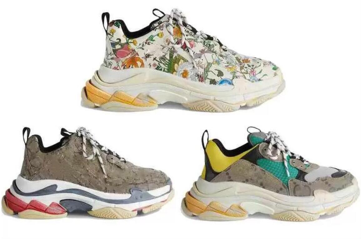 

Shoes Trainers Platform Sneakers Beige Green Yellow Flora Print 17Fw Paris Sports Authentic The Hacker Project Triple S Men Women Old Dad, Kh11