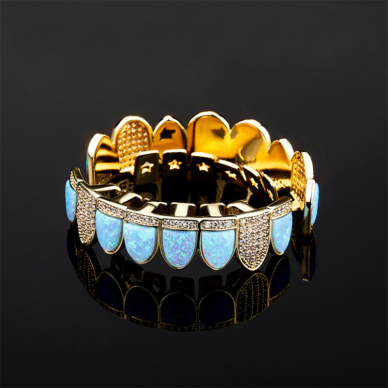 14K CZ Vampire Teeth Grillz Iced Out Micro Pave Cubic Zircon BLUE Opal 8 Tooth Hip Hop Grill Top Bottom Mouth Grills Set with Silicon Molding Bar-image-805918492