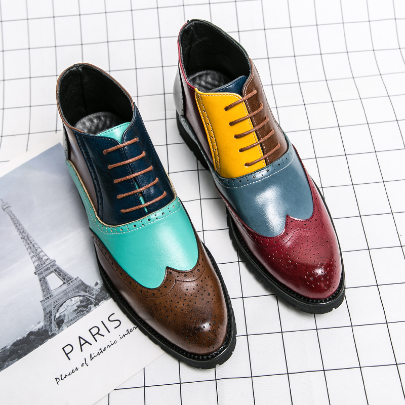 Brogue bottines hommes chaussures couleur-blocage PU couture sculpté bout pointu dentelle rétro confortable mode affaires décontracté fête AD180
