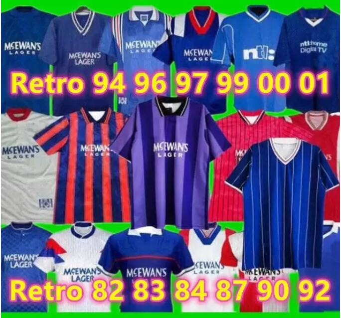 

82 83 84 87 90 92 94 96 97 99 00 01 soccer jerseys Glasgow Rangers FC Legends Retro blue away white 1982 GASCOIGNE Soccer Shirts MCCOIST vintage football kits Uniforms