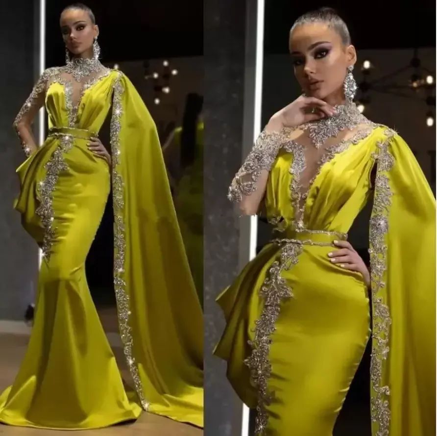 

Arabic Lemon Green Crystals Formal Evening Dresses Mermaid Dubai Indian High Neck One Sleeve Cape Beads Long Trumpet Prom Gowns BC10567, White