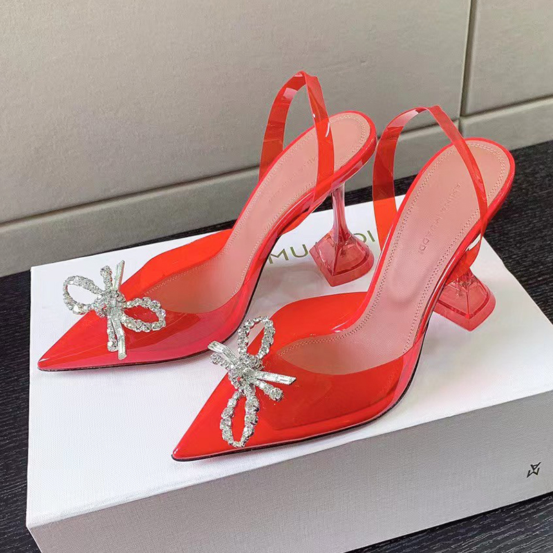 

Luxury Designer High Heel Sandals shoes Amina muaddi Begum Bowknot Crystal Decorative Buckle Sunflower LuxuryDiamond 10CMPVC Transparent Banquet Shoes, White