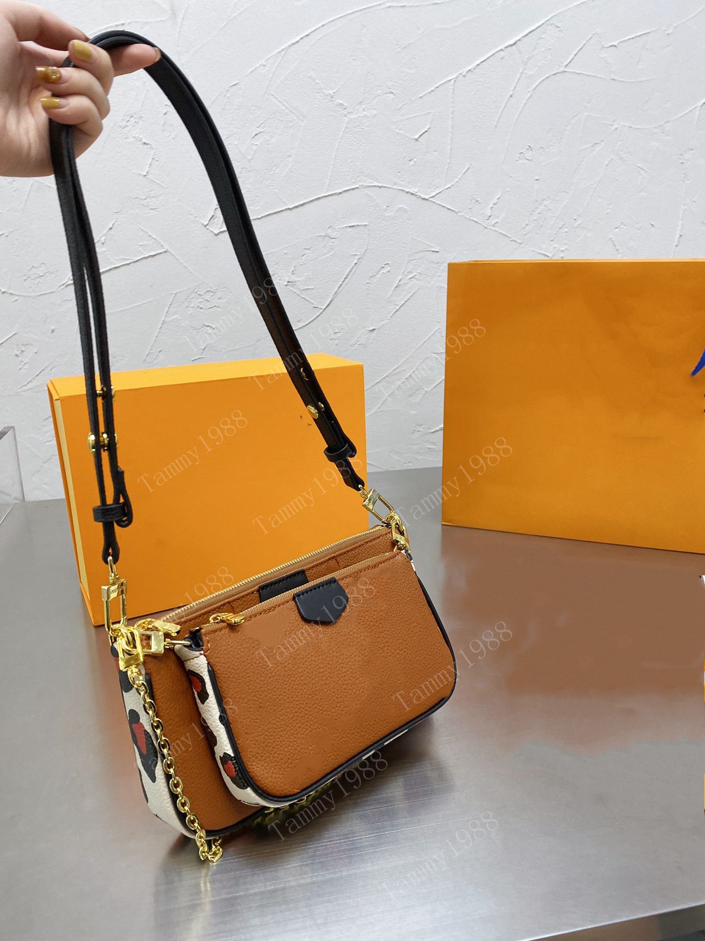 

10A Genuine Leather Womens Shoulder Bag Chain Embossed Letter Flower Multi Pocket Crossbody Bags Female Tote Clutch Handbag 2 in 1 Purses, Full embossed white
