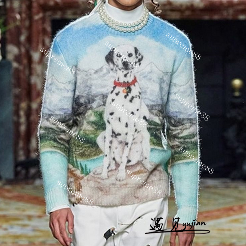 

Casablanca Spotted Dog Snow Mountain Knitted Sweater Scenery Round Neck Pullover Loose Men and Women Sweaters, Blue