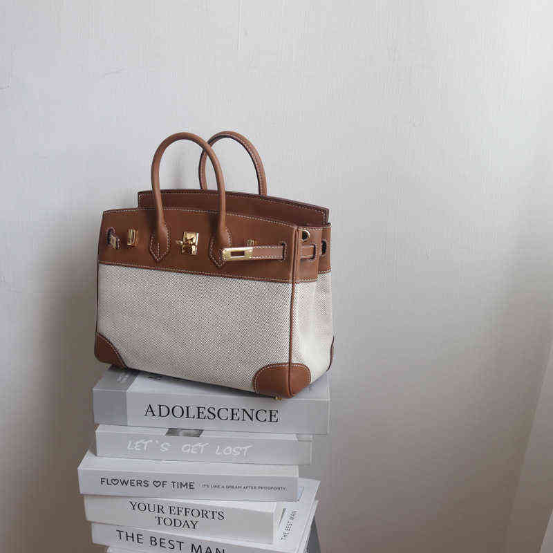 

h bag Fashion bag Birkins Leather H ermese Handbags Hand Birkinss Designer Goddess of Temperament Casual with Small Size and Large Capacity the First Layer Cow, 25cm with brown leather