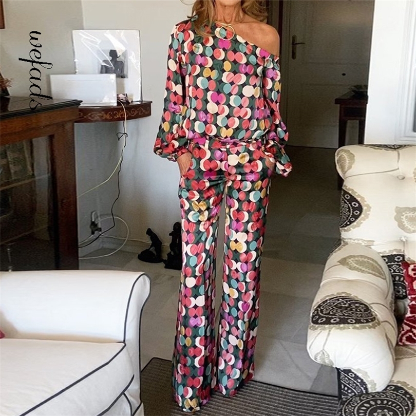 

Womens Two Piece Pants Wefads Women Two Piece Set One Shoulder Polka Dot Print Long Sleeve Top Loose Casual Pants With Pockets Suits High Streetwear 220922, Picture color