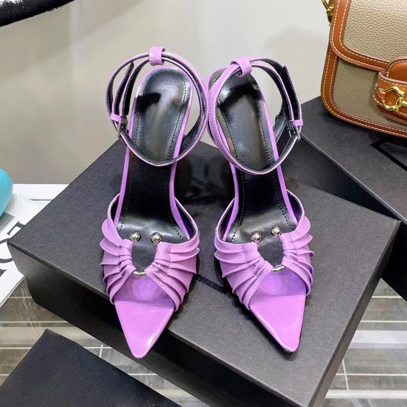 

Metal buckle thin high-heeled sandals Pleated face pointed sexy women's formal shoes Purple red top luxury patent leather ankle strap 11CM designer banquet shoes