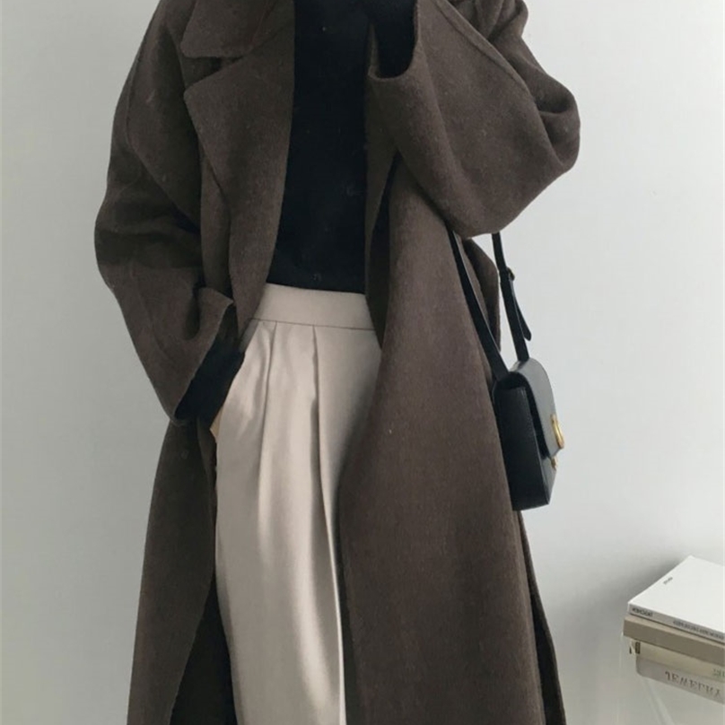 

Women's Wool Blends JXMYY French Lazy Style Warm Female Fresh Winter Classical Belt Retro Loose Women Woolen Coats Chic Casual Long Coat 220922, Brown