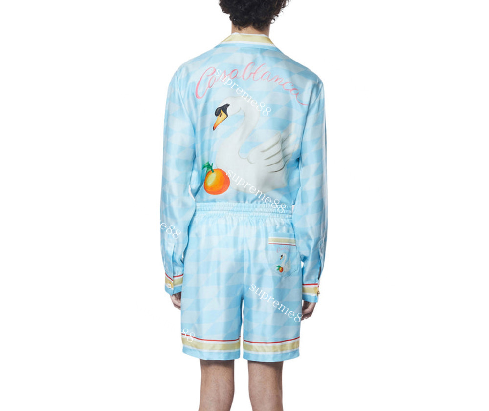 Créateur de mode Casablanca 23ss chemises en soie diamant Orange blanc cygne hommes et femmes lâche polyvalent chemise à manches longues Casablan