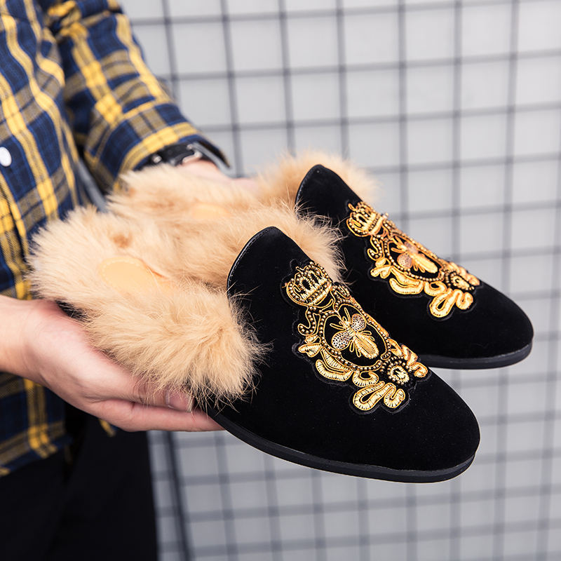 Mode demi glisser hommes chaussures hiver fourrure Faux daim brodé sans lacet Baotou Slingback confortable décontracté quotidien AD198