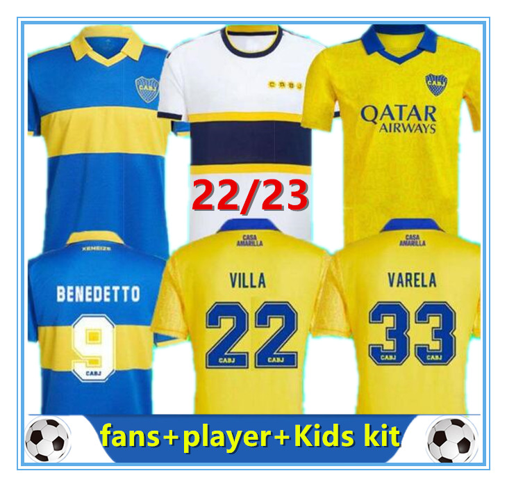 

2022 2023 Boca Juniors soccer Jersey fans player version CAMISETA VILLA SALVIO MEDINA VARELA Tercera Yellow Salvio Pavon football shirt Men kids kit, 22/23 fans away