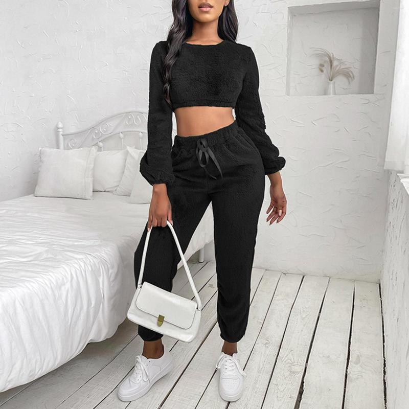Women's Two Piece Pants Women Sets 2022 Autumn Long Sleeve Crop Top Loose Sweatpants Casual Set Solid Fleece Sportswear Matching