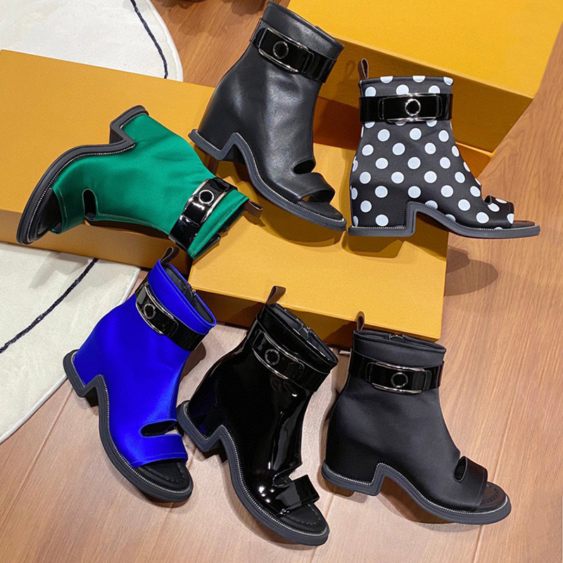 

Black Patent Leather Moonlight Ankle Boots Womens Wavy Design Sole Boot Designers Open Toe Booties Square Heel Boots Lady Wedding Party SS22 Fashion