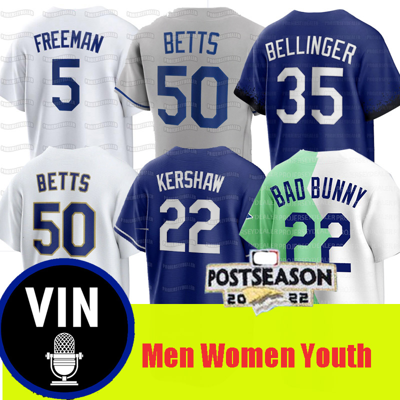 

22 Bad Bunny Dodgers 2022 Postseason Jersey Mookie Betts Vin Scully Clayton Kershaw Freddie Freeman Cody Bellinger Joey Gallo Julio Urias Trea Turner Muncy, As pic