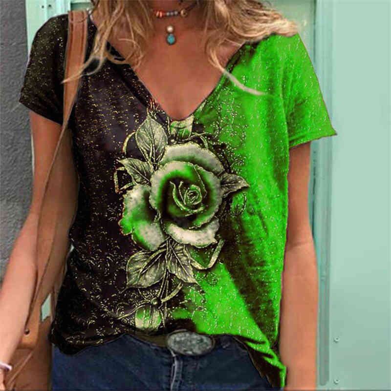

3d Rose Flower Print Women t Shirt 2022 New Summer Casual Short Sleeve V-neck Loose Oversized Tops Ladies Large Size 5xl Clothes, Black